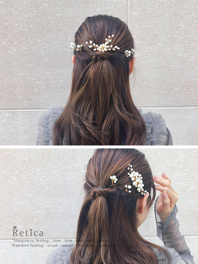パールフラワーリーフUピンヘアアクセサリー6点セットのイメージ画像1