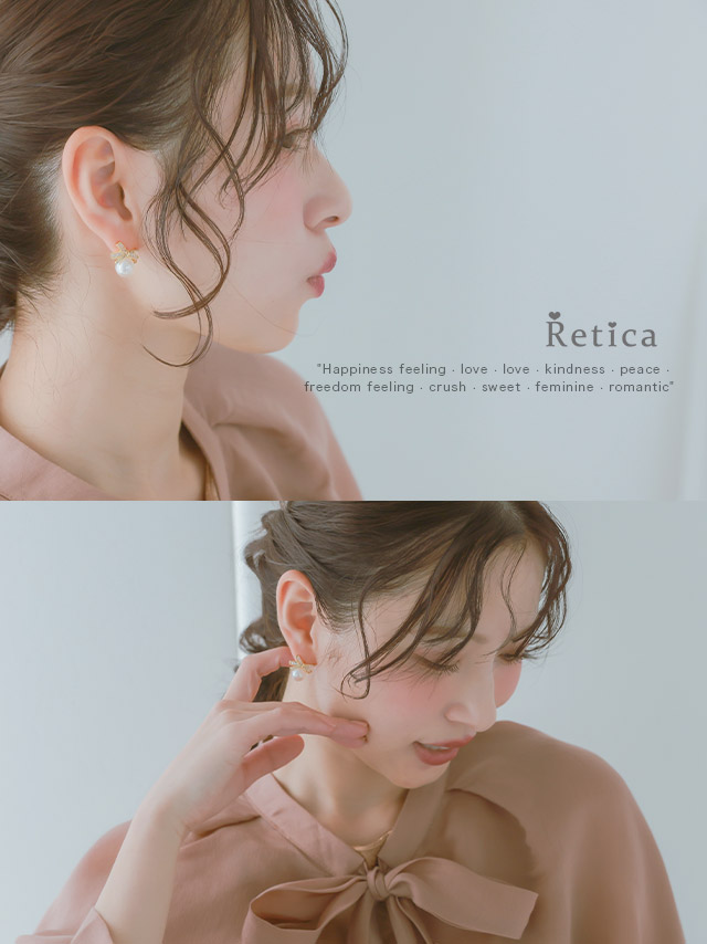 ビジュー付きリボンモチーフ大粒パールピアスのイメージ画像