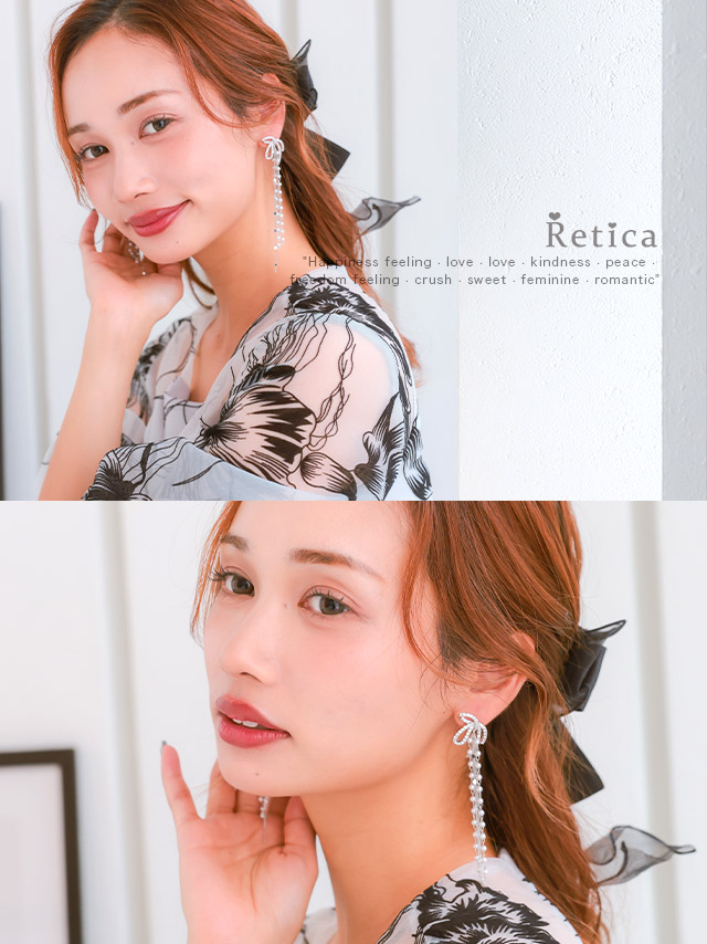 垂れリボンモチーフビジューロングピアスのイメージ画像1