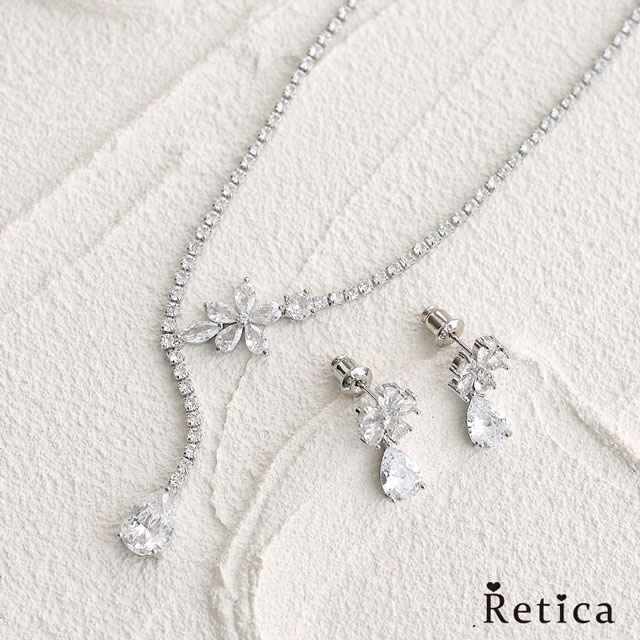 花モチーフドロップビジューYラインネックレス×ピアス2点セットのメイン画像
