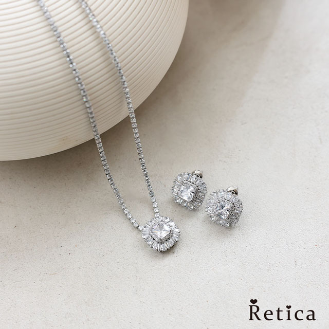 スクエアビジューネックレス×ピアス2点セットのメイン画像