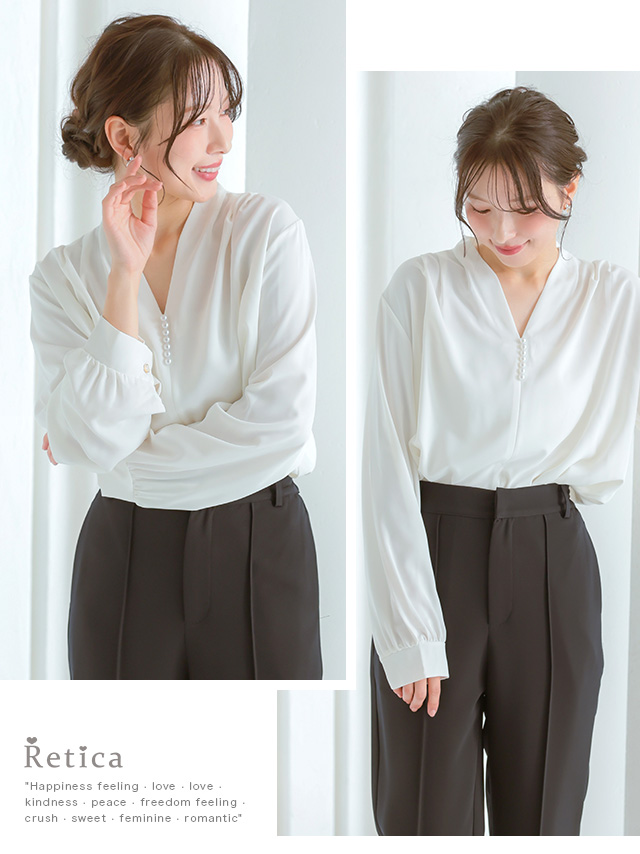 襟なしパール付きブラウスのイメージ画像1