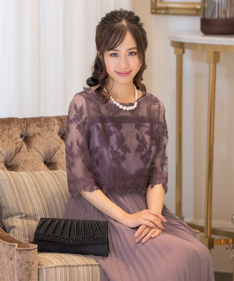 刺繍×シースルー袖ありロングプリーツスカートパーティードレスのイメージ画像1