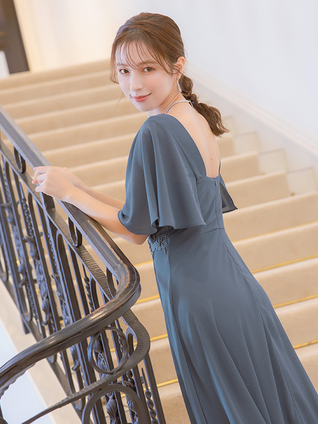 シフォンスリーブ胸元プリーツパーティードレスのイメージ画像3
