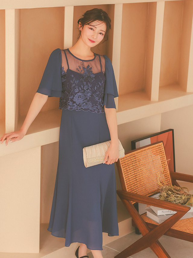花柄刺繍シアーレース切り替えワンピースパーティードレスのイメージ画像4