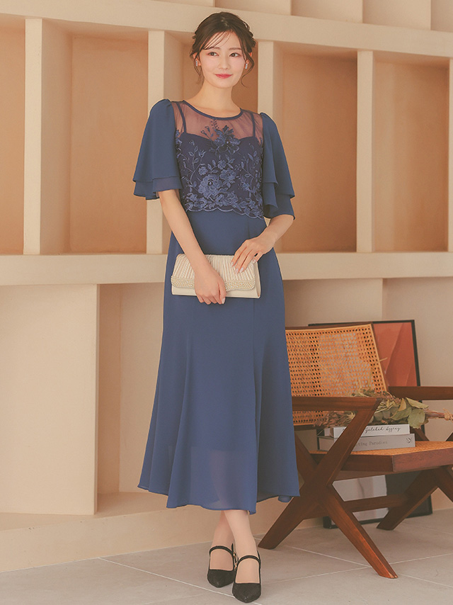 花柄刺繍シアーレース切り替えワンピースパーティードレスのフロント全身