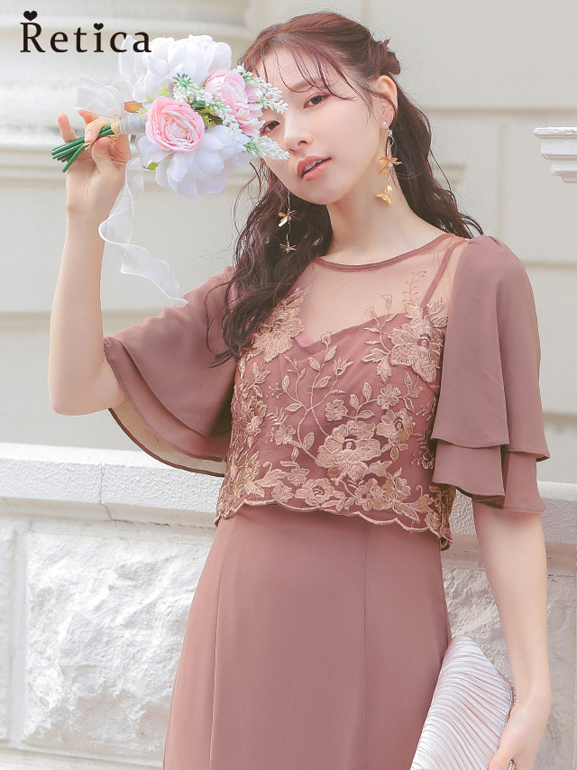 フラワー刺繍シフォンセミマーメイドワンピースパーティードレスのメイン画像