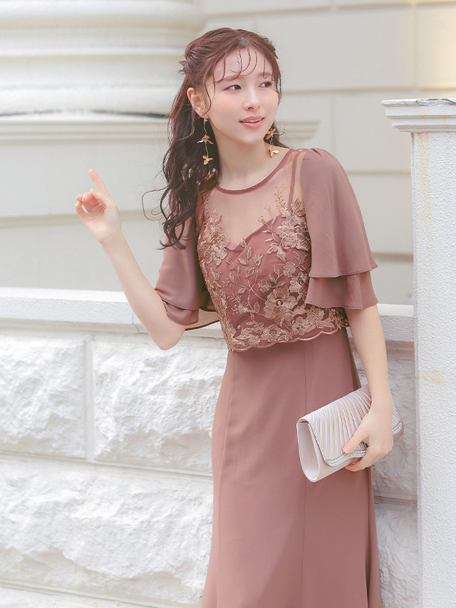 フラワー刺繍シフォンセミマーメイドワンピースパーティードレスのイメージ画像4