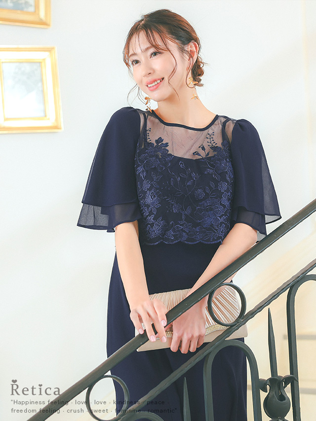 フラワー刺繍シフォンスリーブワンピースパーティードレスのイメージ画像1