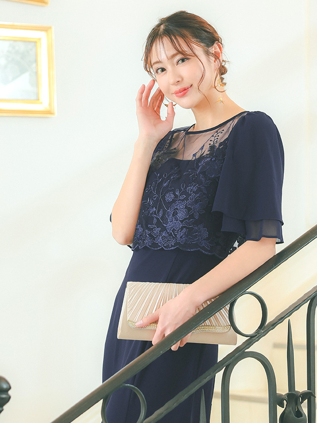 フラワー刺繍シフォンスリーブワンピースパーティードレスのイメージ画像5