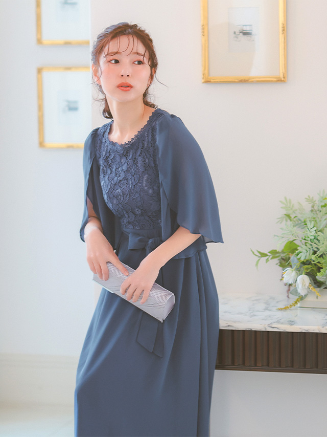 チューリップ型半袖シースルーレースウエストリボンロングスカート結婚式パーティードレスのイメージ画像2