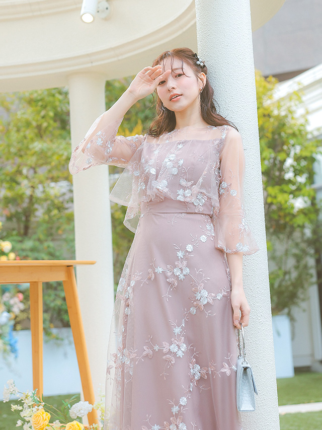 花柄 フラワー ロング パーティ ドレス シアー 結婚式 韓国 z999