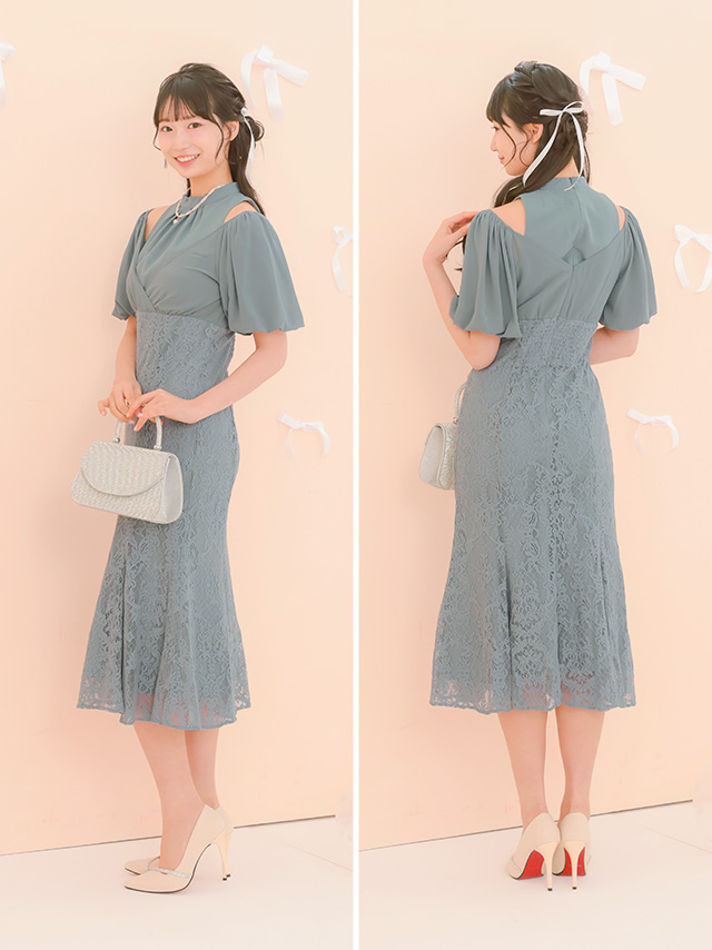 カシュクールデザインハイウエスト切り替えパーティードレスのサイドバック画像