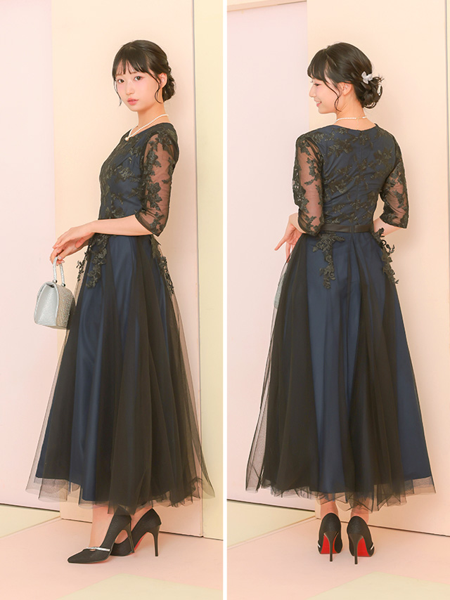 フラワー刺繍レース五分袖フレアチュールミモレ丈ドレスのサイドバッグ全身