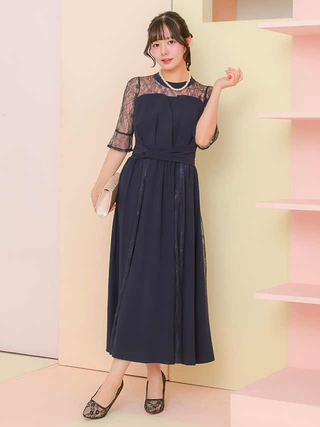 ビスチェ風トップスデザインレースMIXスカートパーティードレスのフロント全身