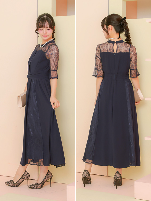 ビスチェ風トップスデザインレースMIXスカートパーティードレスのサイドバッグ全身