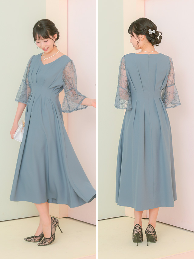 シャーリングXシルエットパーティードレスのサイドバッグ全身