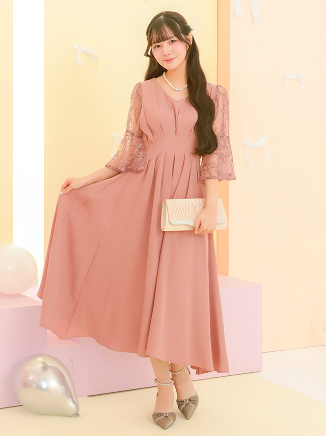 カシュクールデザインハイウエスト切り替えパーティードレスのフロント画像