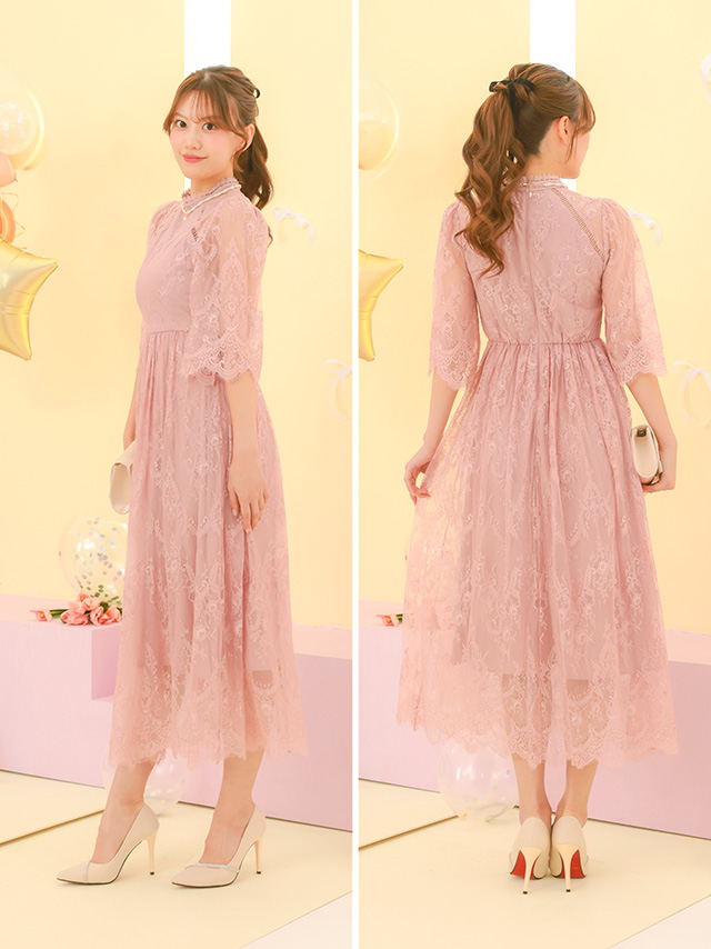 カシュクールデザインハイウエスト切り替えパーティードレスのサイドバック画像