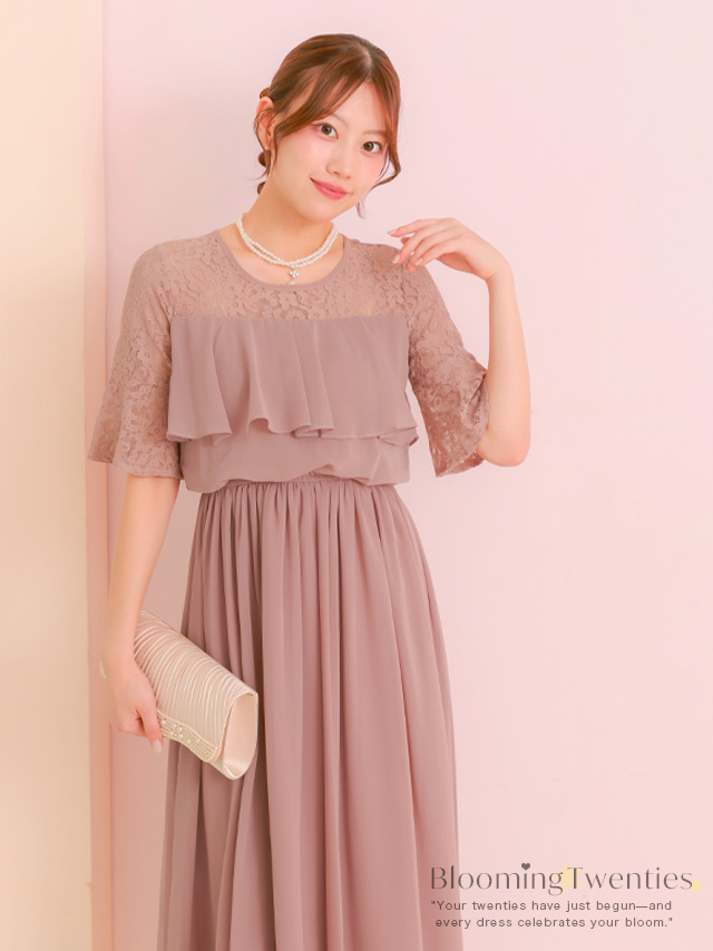 ラメなし透け感レースフリルパーティードレスのイメージ画像1