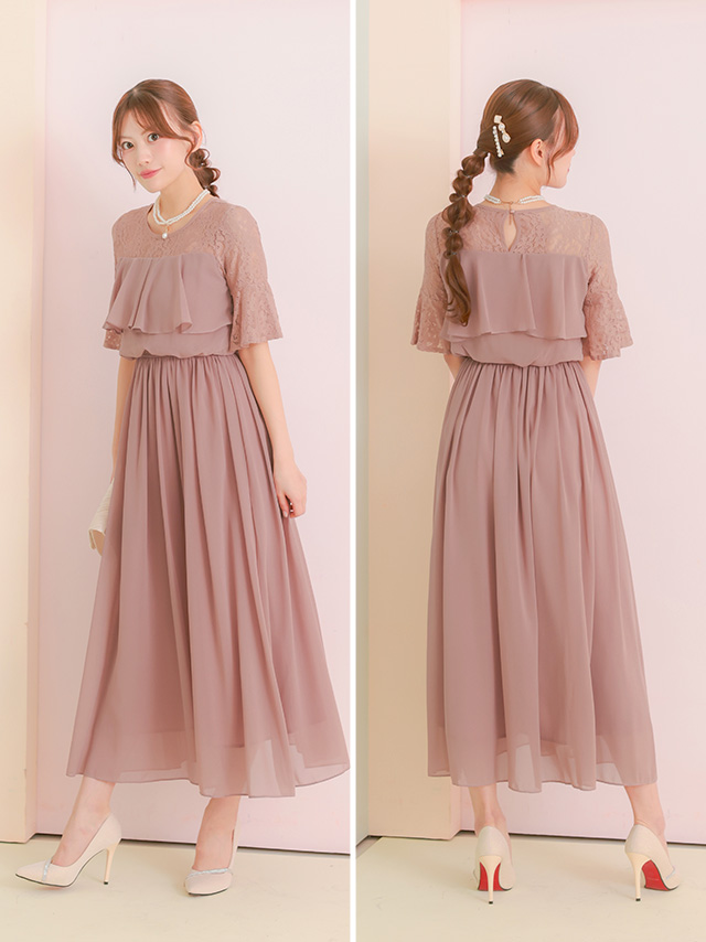 ラメなし透け感レースフリルパーティードレスのサイドバッグ全身