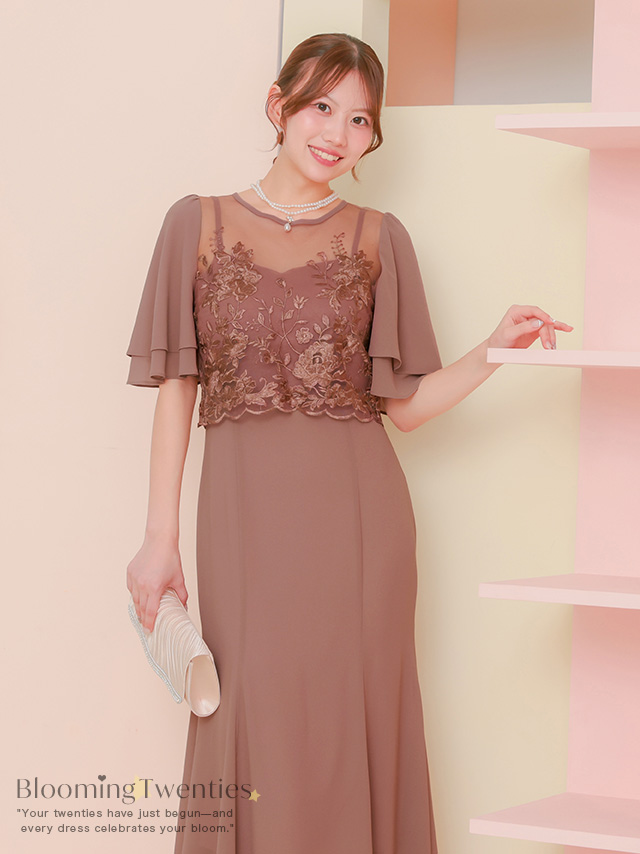 シースルー花柄刺繍シフォンフレア袖ロングパーティードレスのイメージ画像1