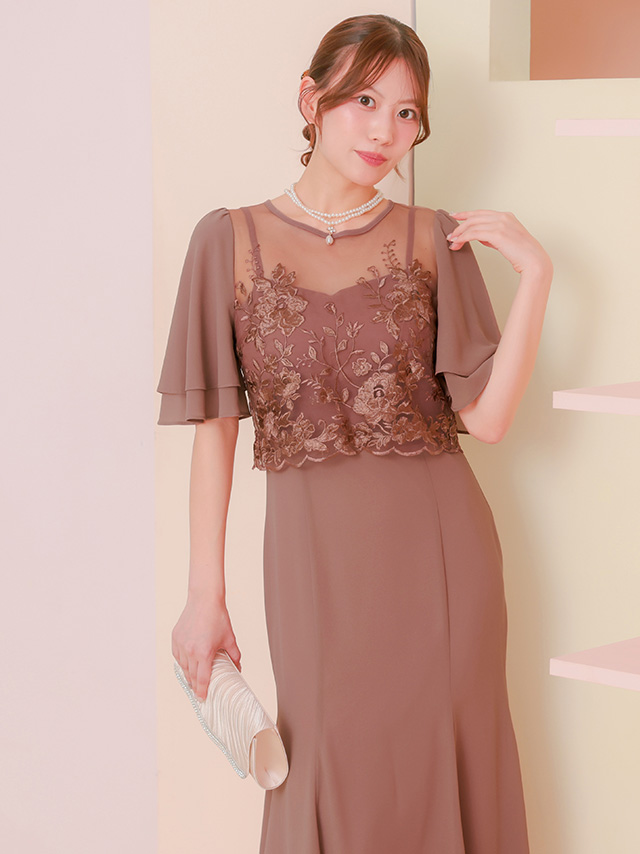 シースルー花柄刺繍シフォンフレア袖ロングパーティードレスのイメージ画像3