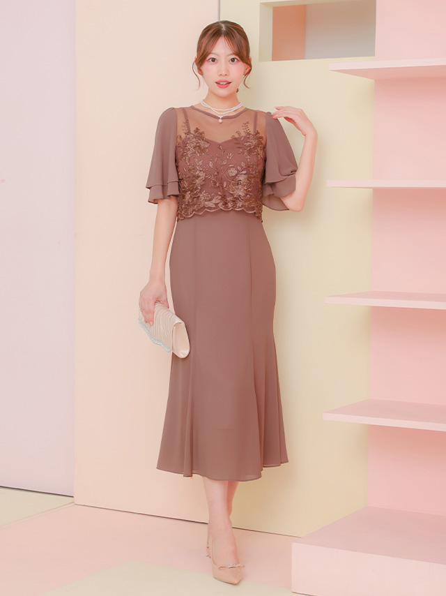 シースルー花柄刺繍シフォンフレア袖ロングパーティードレスのサイドバッグ全身