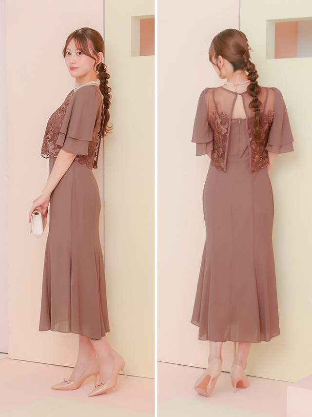 シースルー花柄刺繍シフォンフレア袖ロングパーティードレスのカラーバリエーション