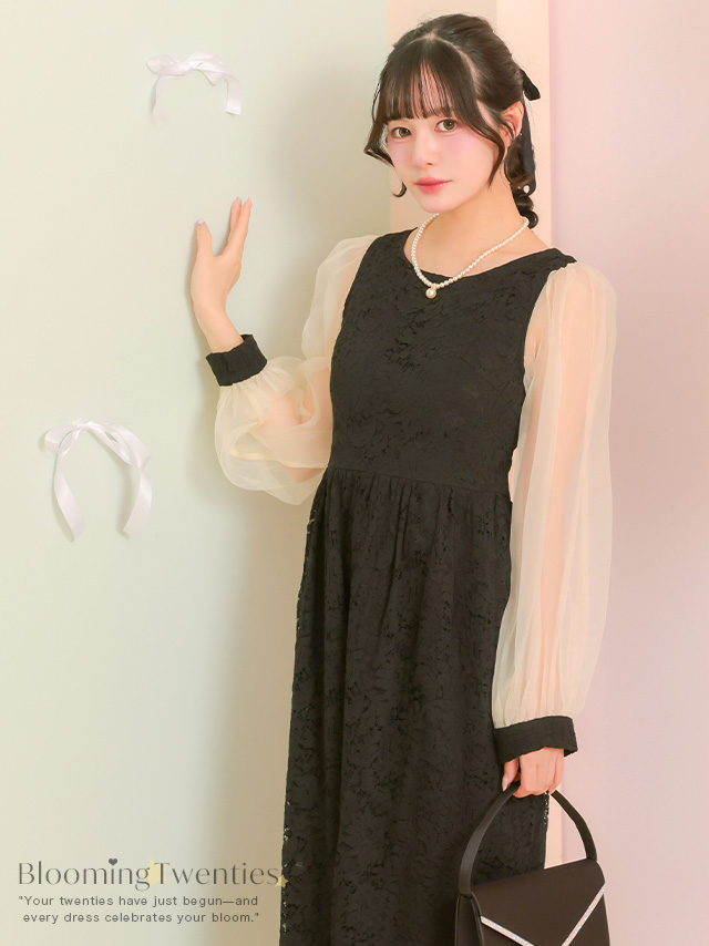 バイカラーシースルーパフスリーブパーティードレスのイメージ画像1