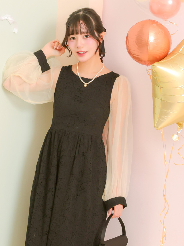 バイカラーシースルーパフスリーブパーティードレスのイメージ画像3