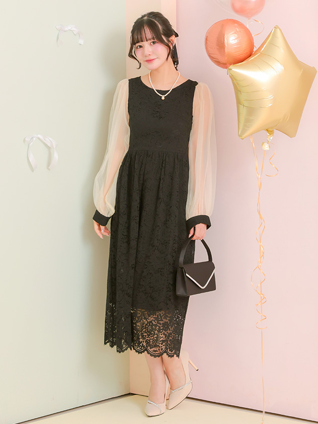 バイカラーシースルーパフスリーブパーティードレスのフロント全身