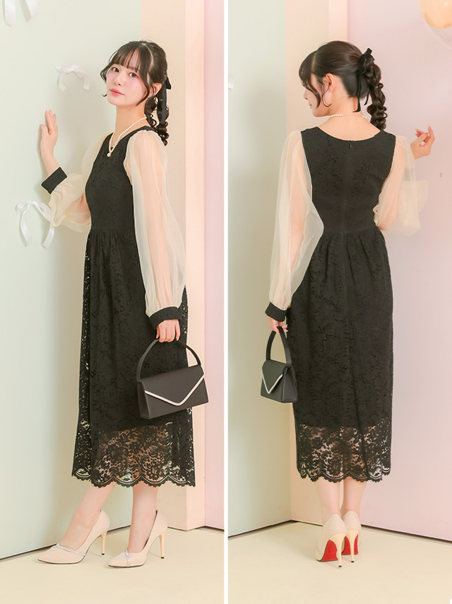 バイカラーシースルーパフスリーブパーティードレスのサイドバッグ全身