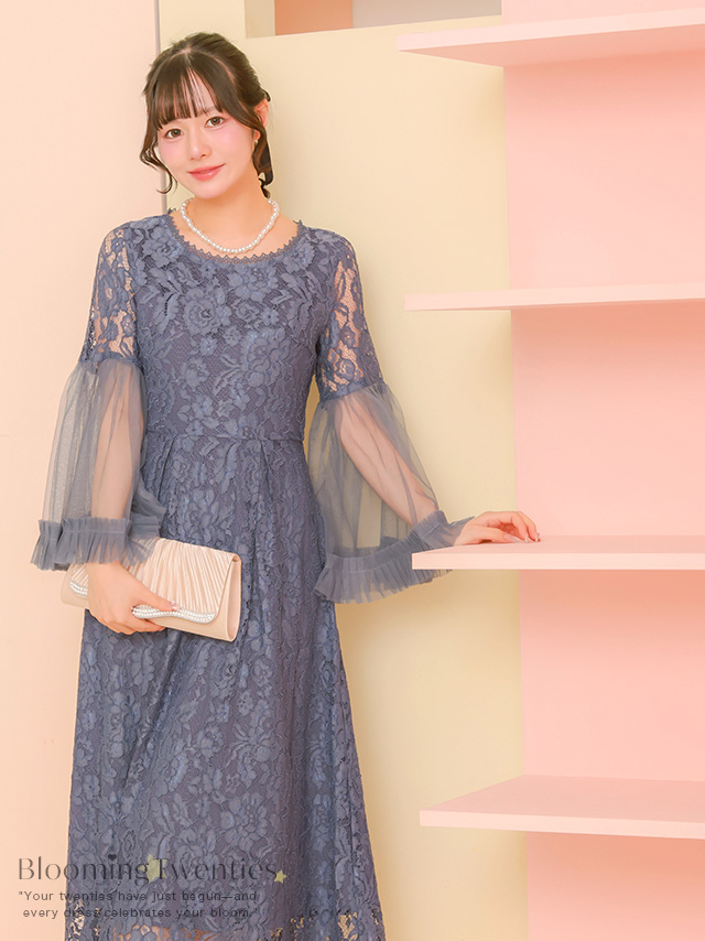 ボリュームフレアスリーブ総レースロング丈ワンピースパーティードレスのイメージ画像1