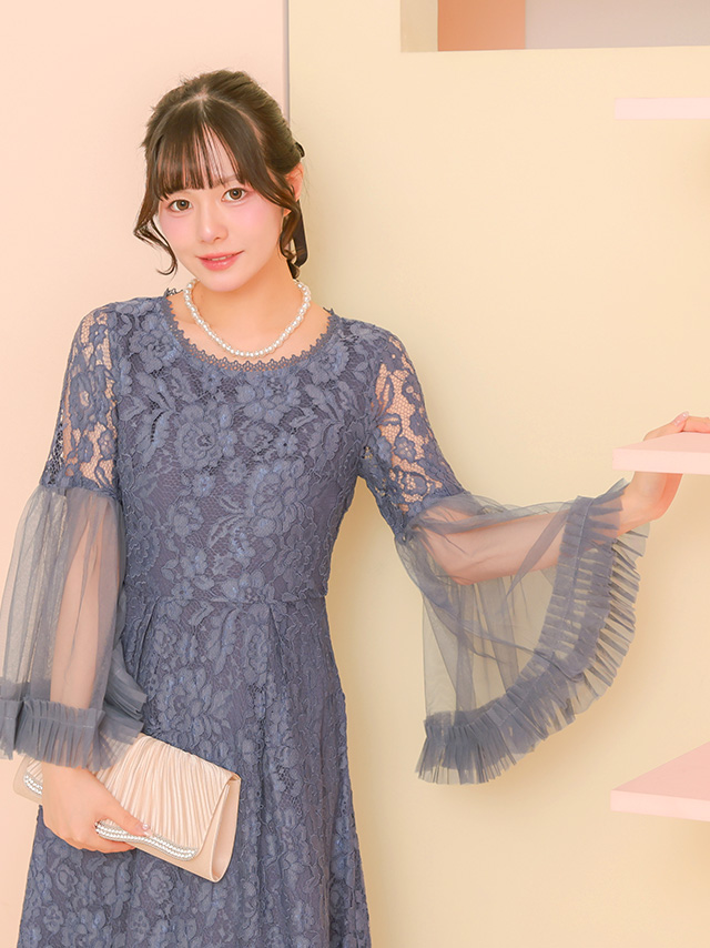ボリュームフレアスリーブ総レースロング丈ワンピースパーティードレスのイメージ画像3
