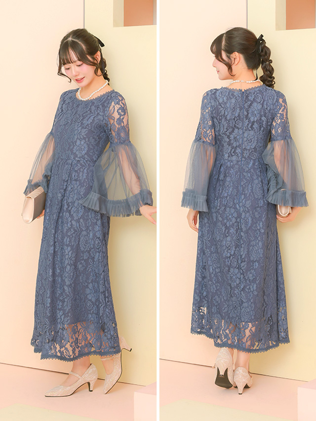 ボリュームフレアスリーブ総レースロング丈ワンピースパーティードレスのサイドバッグ全身
