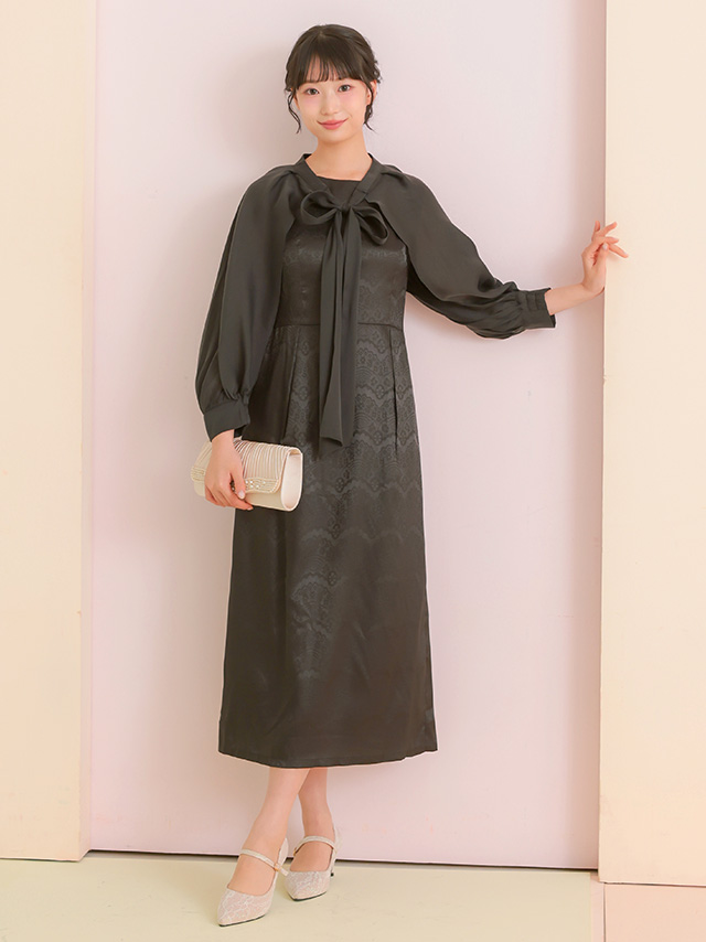 ビッグリボンボレロ×ワンピースパーティードレスのフロント全身