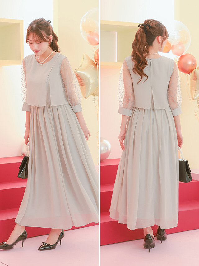 カシュクールデザインハイウエスト切り替えパーティードレスのサイドバック画像