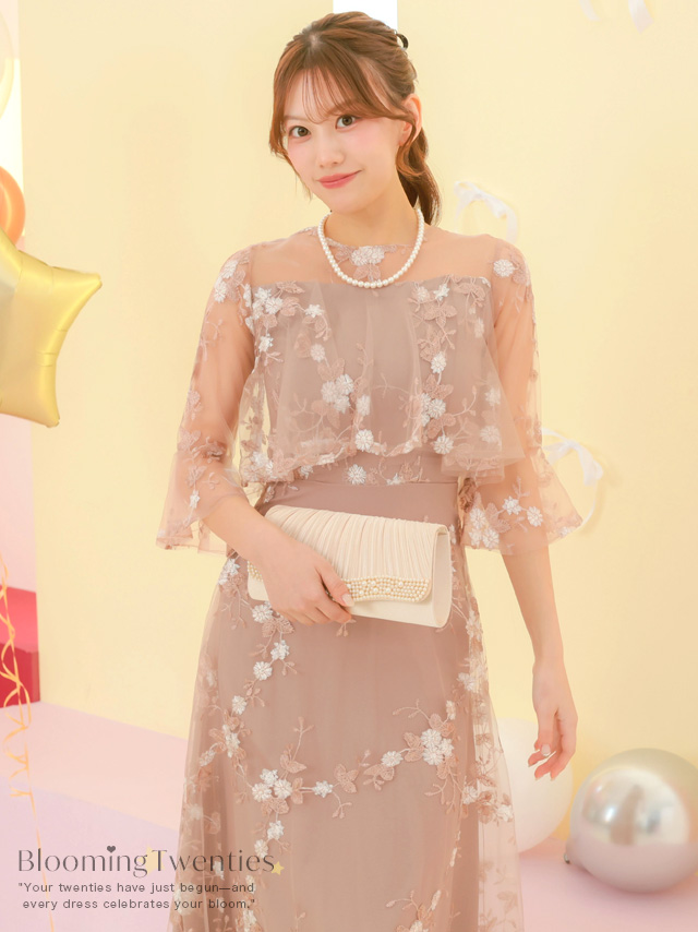 花刺繍×レース七分袖ロングパーティードレスのイメージ画像1