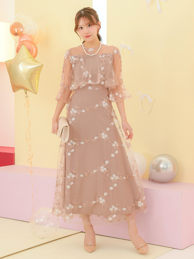 花刺繍×レース七分袖ロングパーティードレスのフロント全身