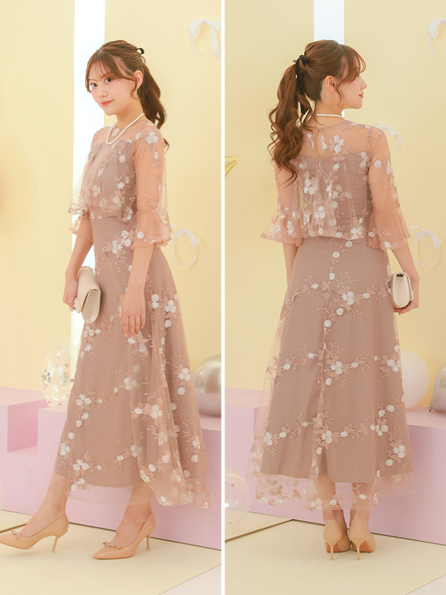 花刺繍×レース七分袖ロングパーティードレスのサイドバッグ全身