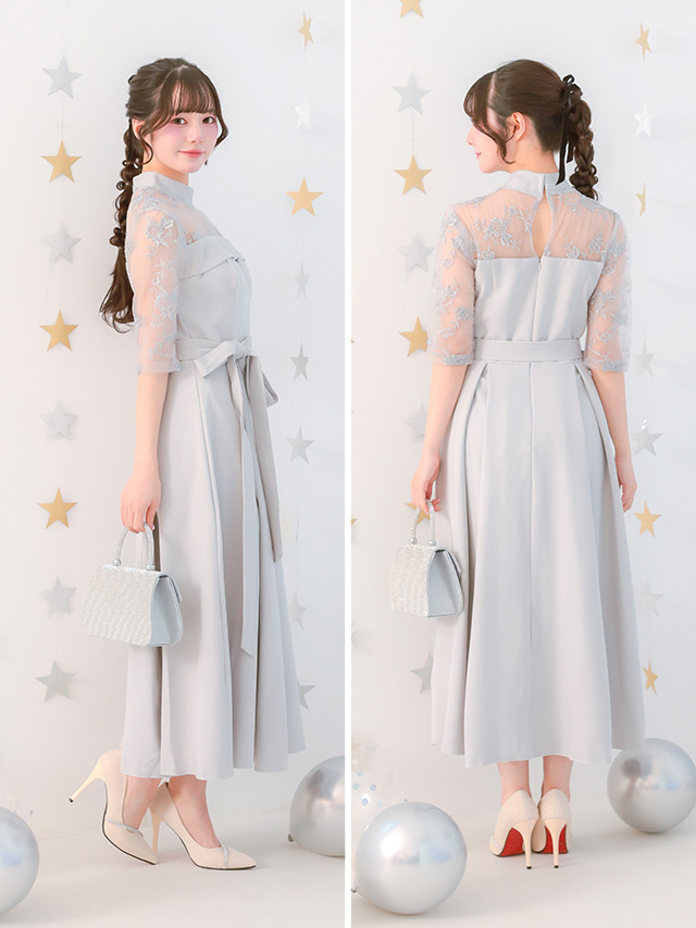 カシュクールデザインハイウエスト切り替えパーティードレスのサイドバック画像