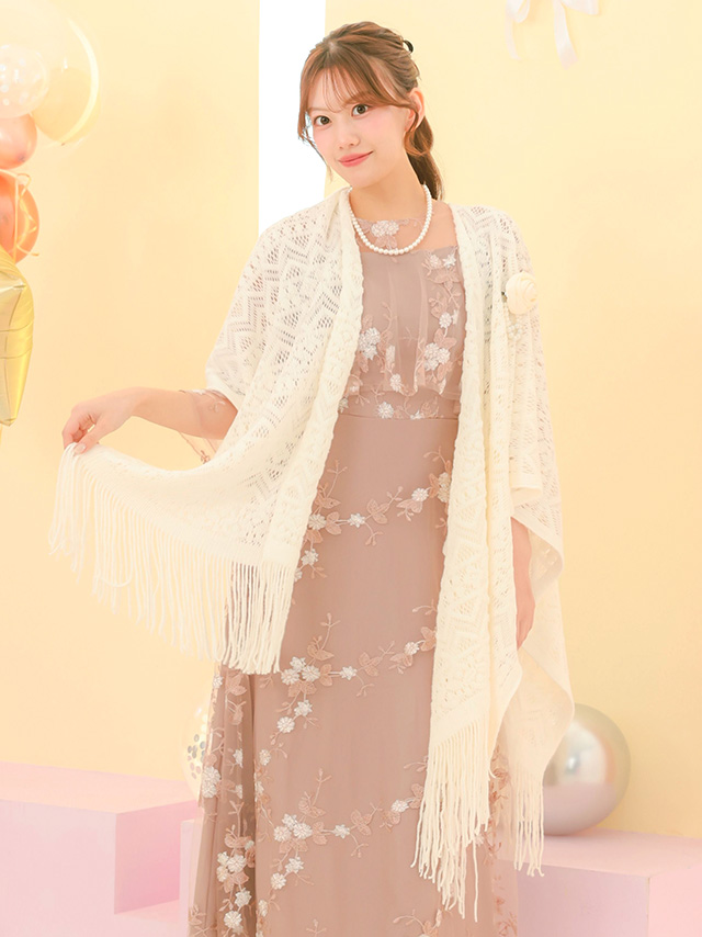 コサージュ付きV字型フリンジ付きショールのイメージ画像5
