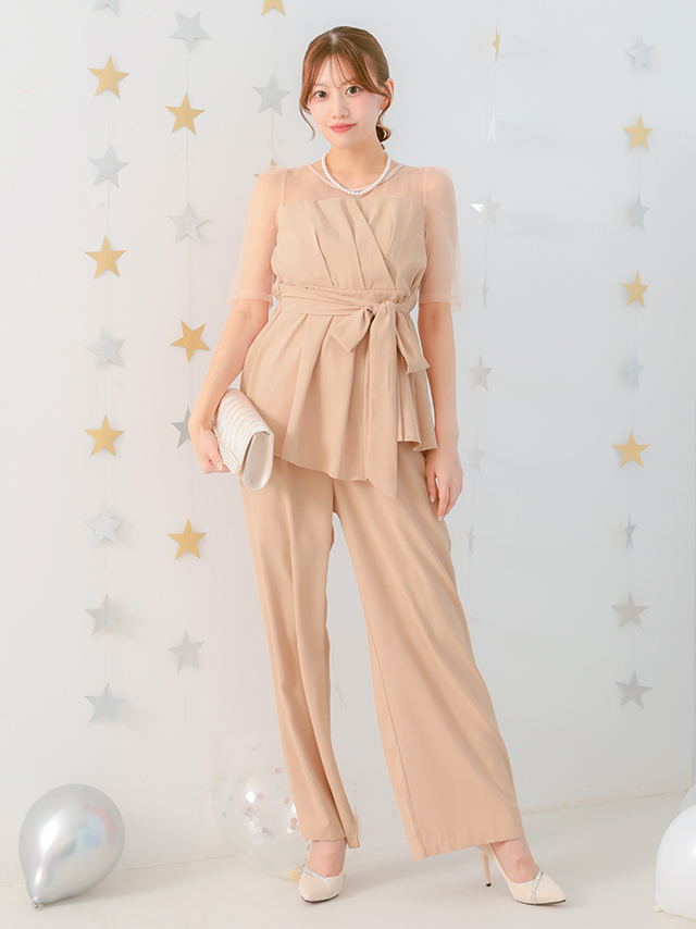 カシュクールデザインハイウエスト切り替えパーティードレスのフロント画像