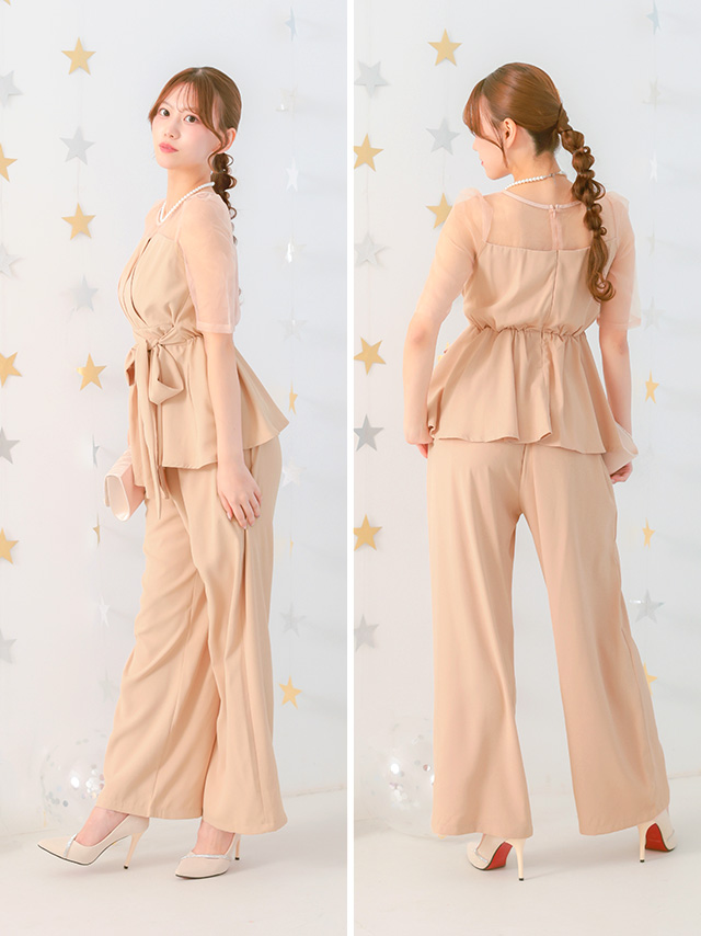 カシュクールデザインハイウエスト切り替えパーティードレスのサイドバック画像