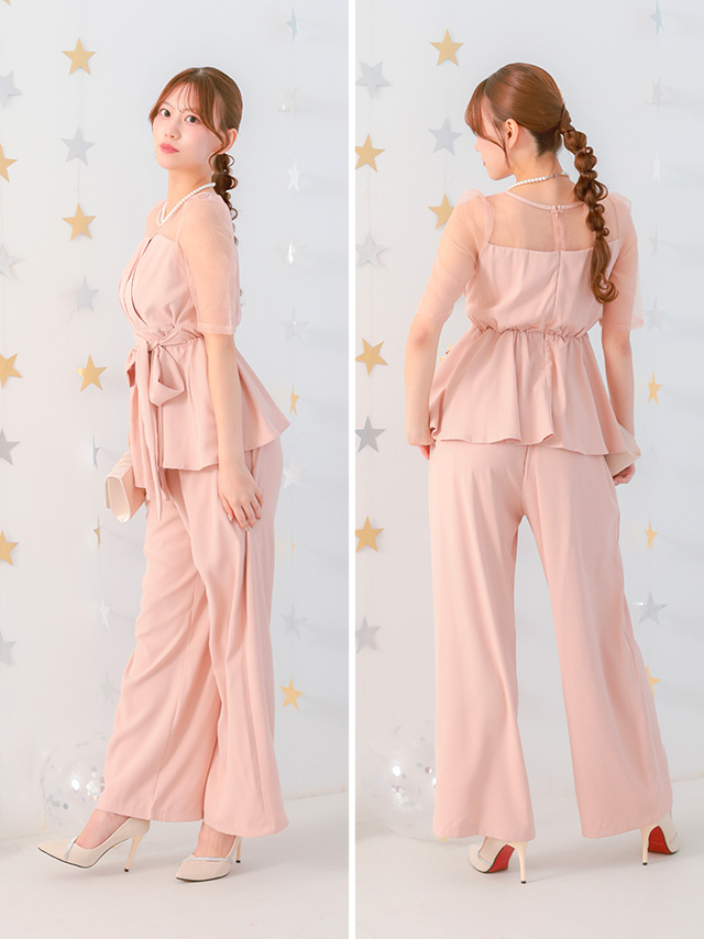 カシュクールデザインハイウエスト切り替えパーティードレスのサイドバック画像