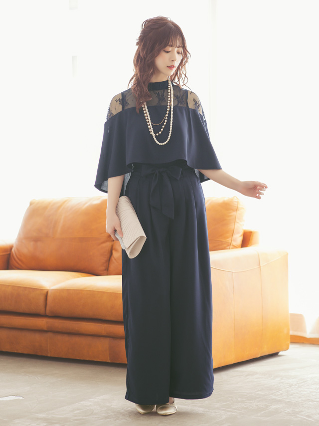 レースケープトップスワイドパンツパーティードレスのフロント全身