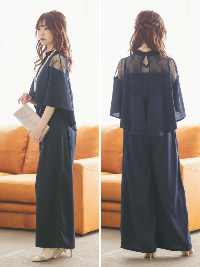 レースケープトップスワイドパンツパーティードレスのサイドバッグ全身