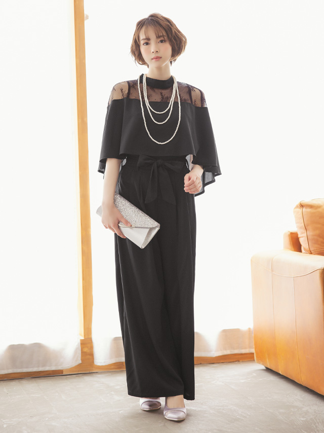 カシュクールデザインハイウエスト切り替えパーティードレスのフロント画像