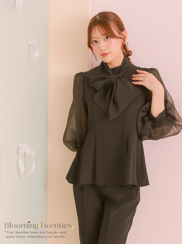 袖シアー長袖ボウタイリボンペプラムパンツセットアップのイメージ画像1